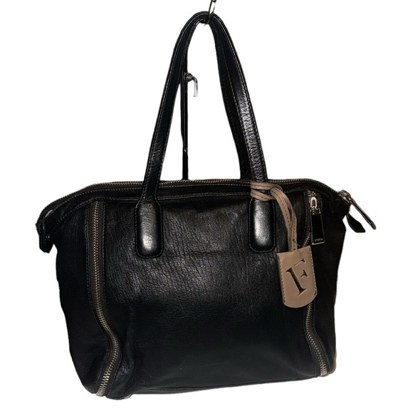 FURLA AMAZZONE BLACK with BLACK ZIPPER STUD SATCHEL Made In Italy $698 EUC - Picture 2 of 11